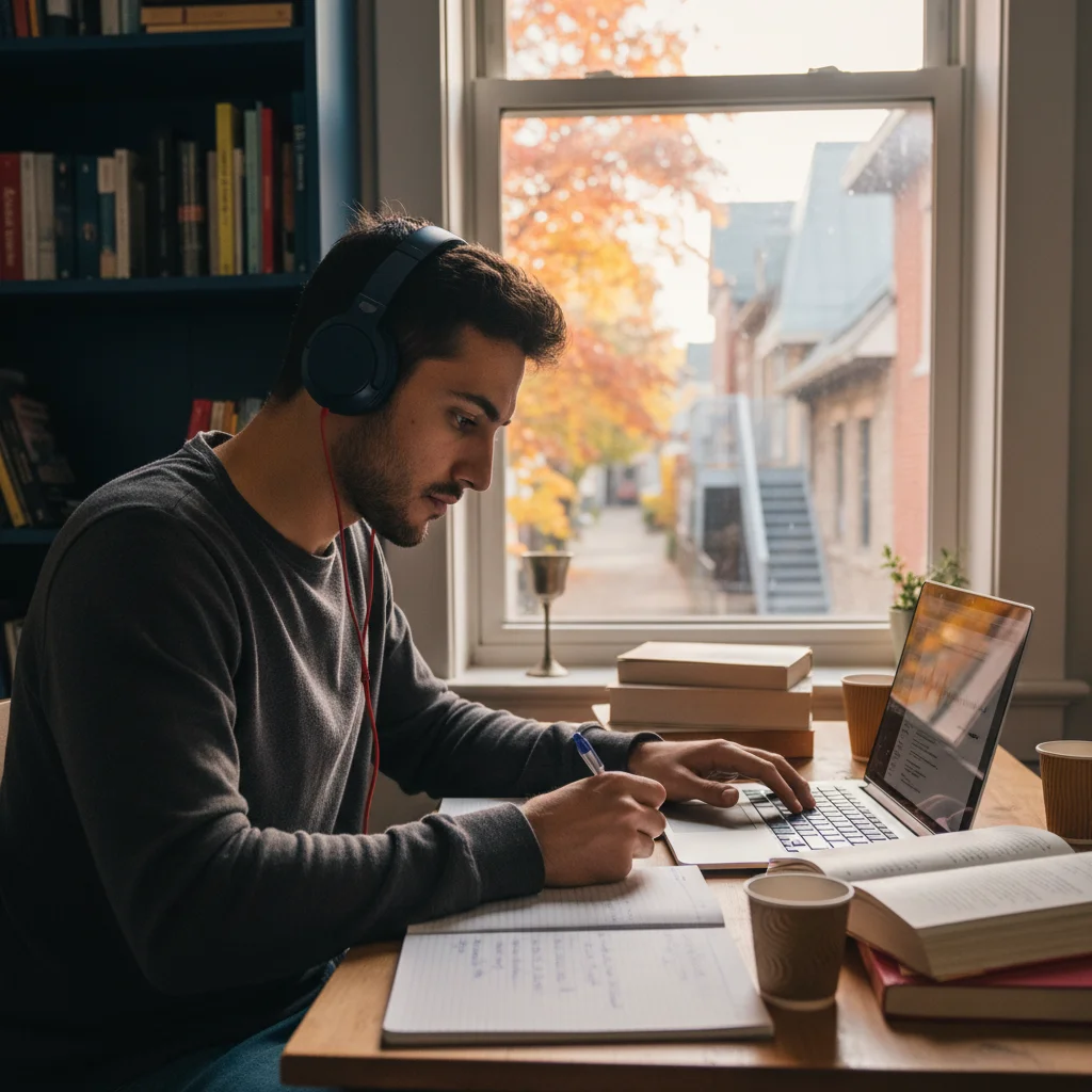 Tests gratuits de Compréhension Orale TCF Québec — candidat au casque dans une salle d'examen